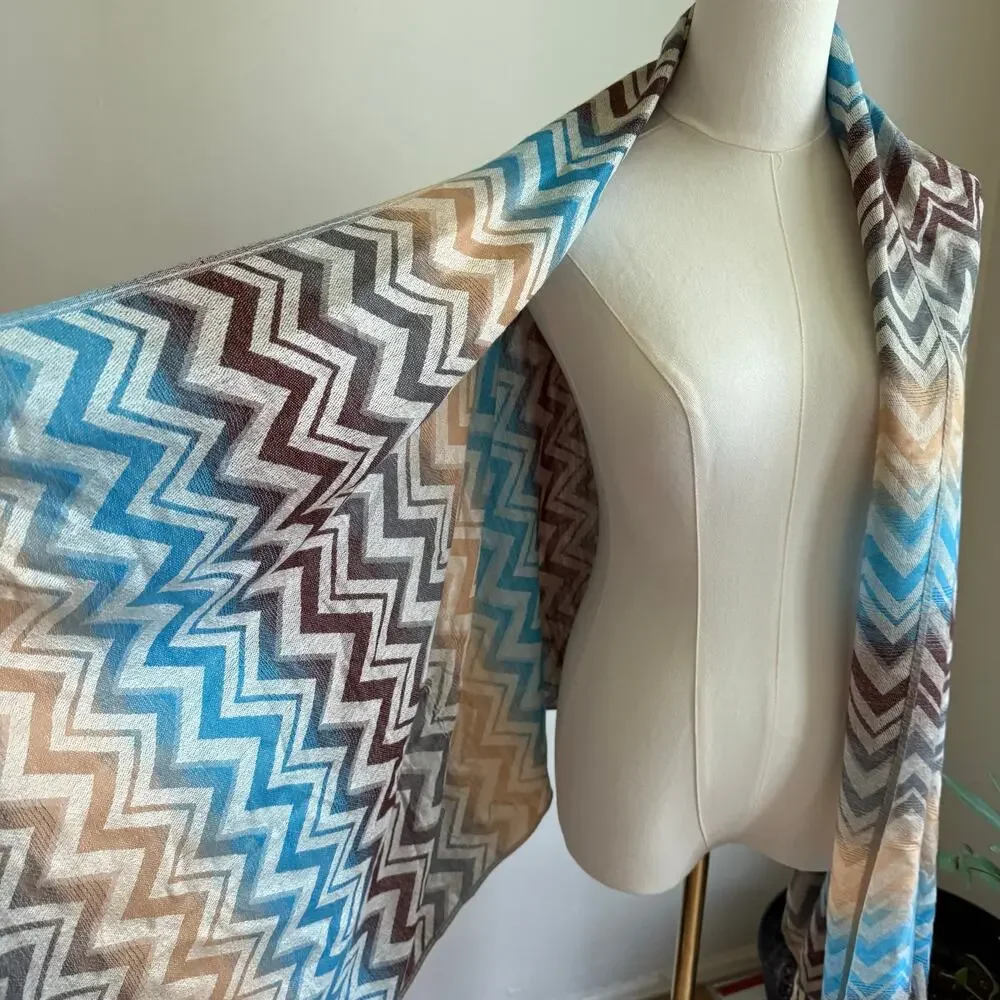 100% Pashmina Cashmere Chevron Blue Beige and Brown Scarf